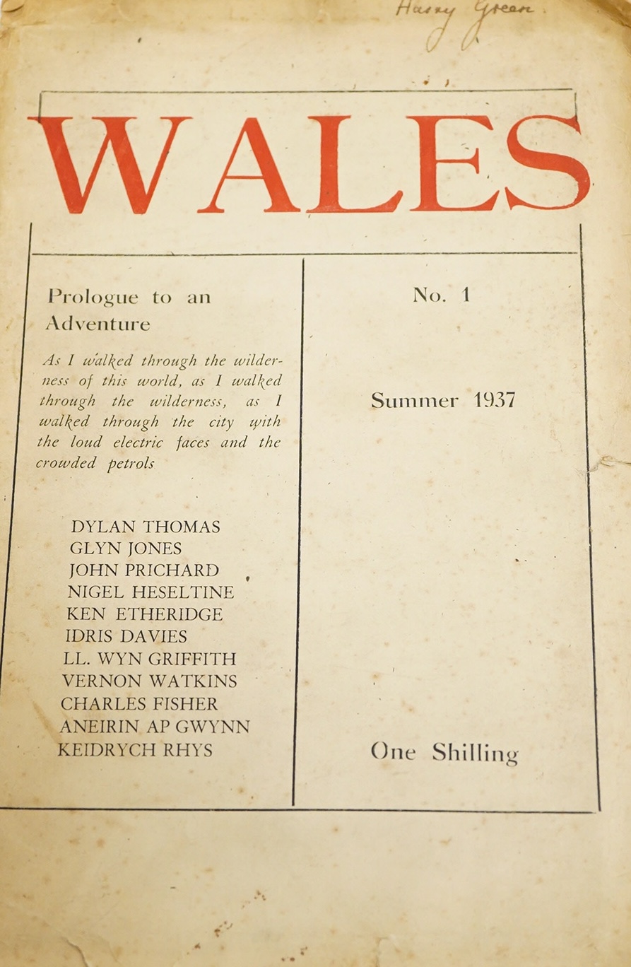 [Thomas, Dylan] Wales. No.1, Summer 1937; includes the author's Prologue to an Adventure, pp.1-6 (of 32); original printed wrappers, sm. 4to. *a platform for younger Welsh writers; John Cowper Powys was also a contributo